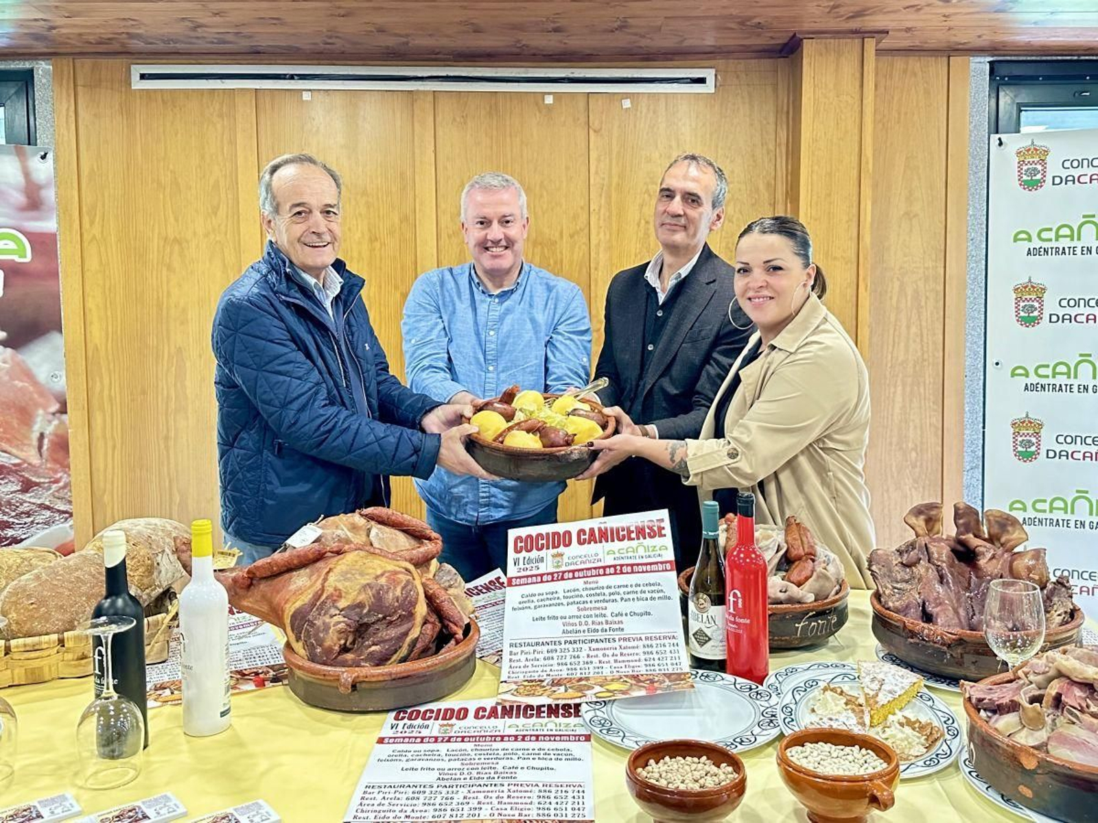 Los alcaldes Paco Fumega,  Luis  Piña y Cabaleiro con Eva Rivas, promocionaron el Cocido Cañicense.