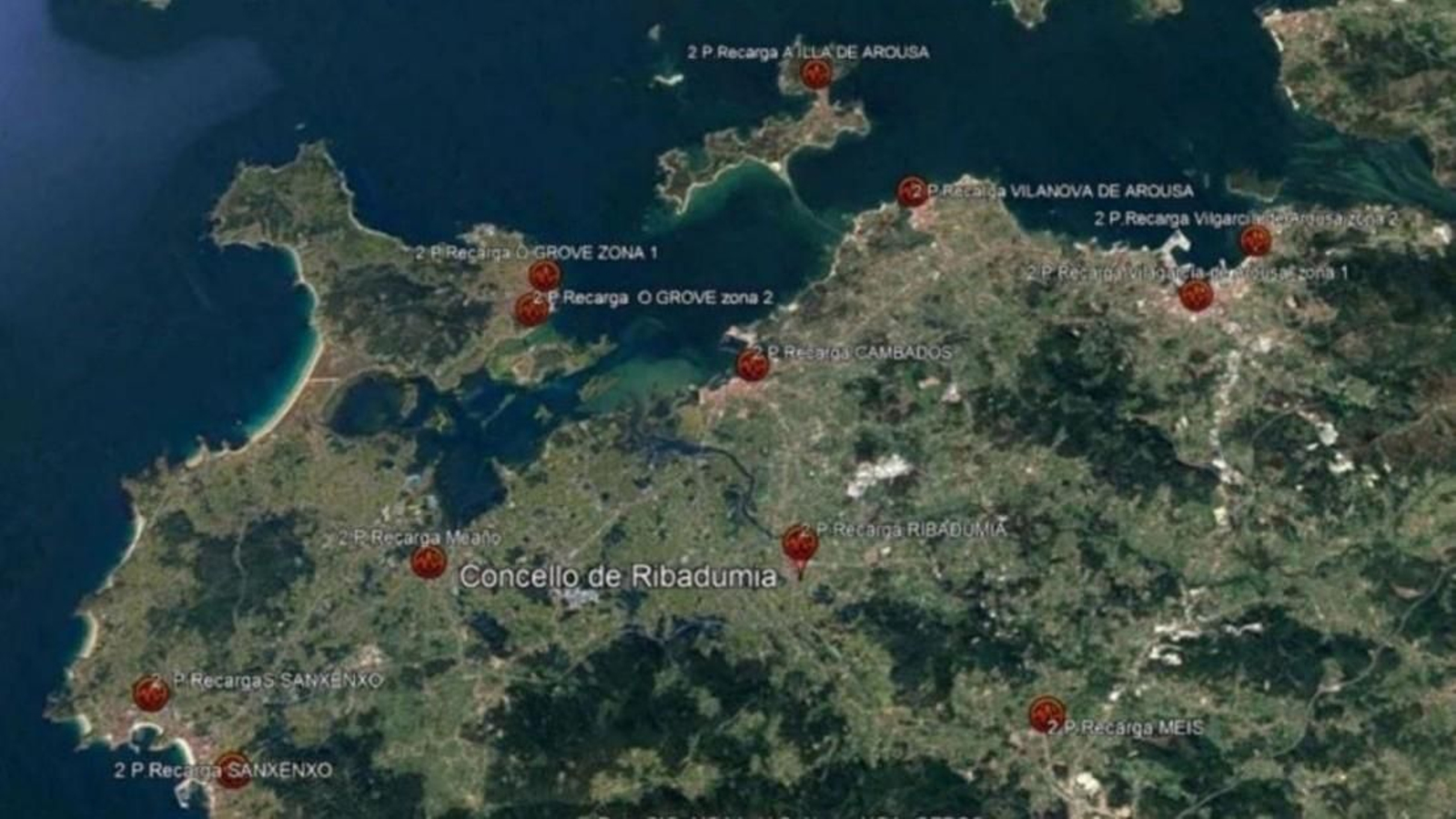 La distribución de las estaciones de la red de cargadores ultrarrápidos de O Salnés.